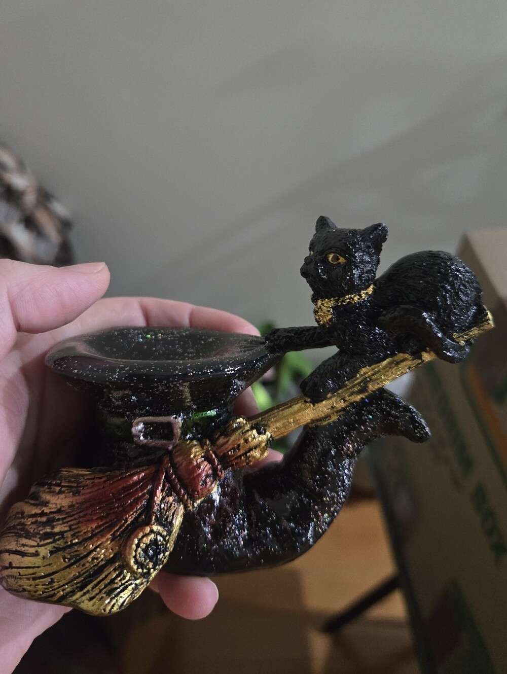 Adorable Cat On Witch Hat And Broom Glittery Resin Sphere Holder